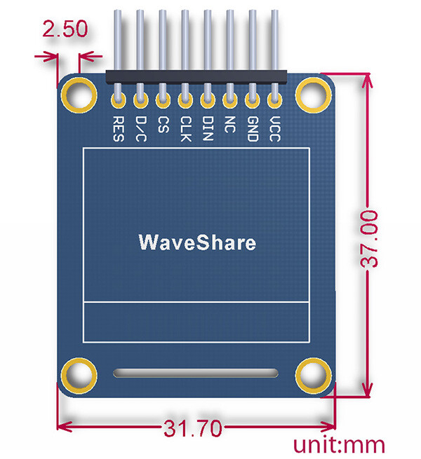 Waveshare 0,95 Zoll 96x64 RGB OLED SPI I2C Interfaces horisontal pinheader SSD1331