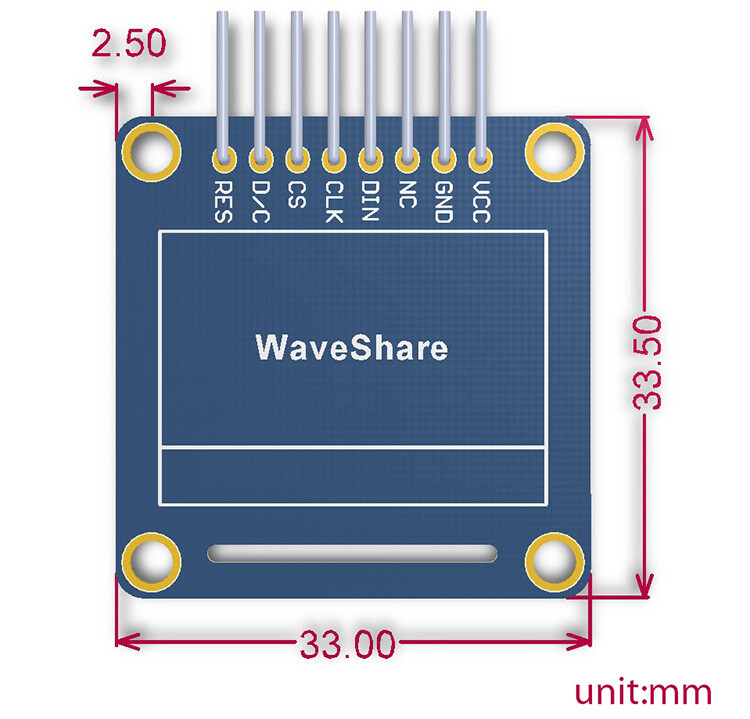 Waveshare 0,96 Zoll 128x64 OLED SPI I2C Interfaces horisontal pinheader SSD1306