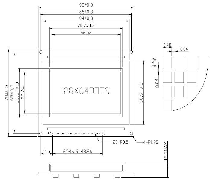WaveShare LCD12864-ST (3,3V Blå baggrundsbelysning)