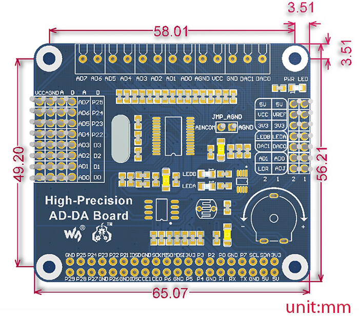 Waveshare Højkvalitets AD/DA-udvidelsesplade ADS1256 DAC8532 til Raspberry Pi