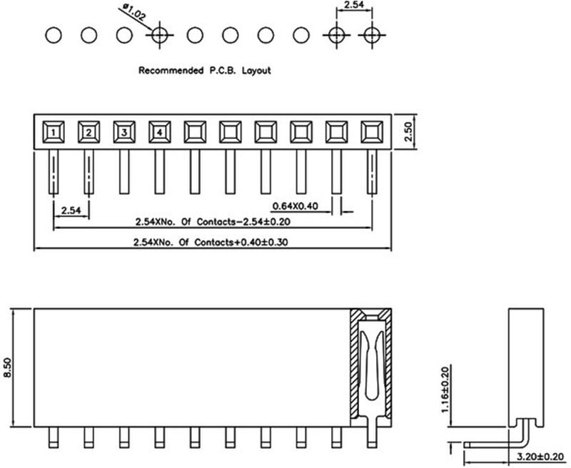 Single Double Row Pin Female Header Buchse, 1x40 Pins, rektangulær, 5 styk