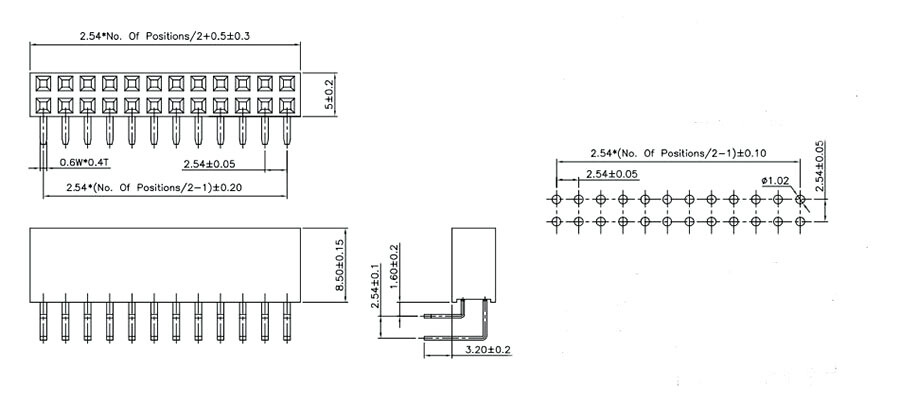 Single Double Row Pin Female Header Buchse, 2x40 Pins, rektangulær, 5 stykker