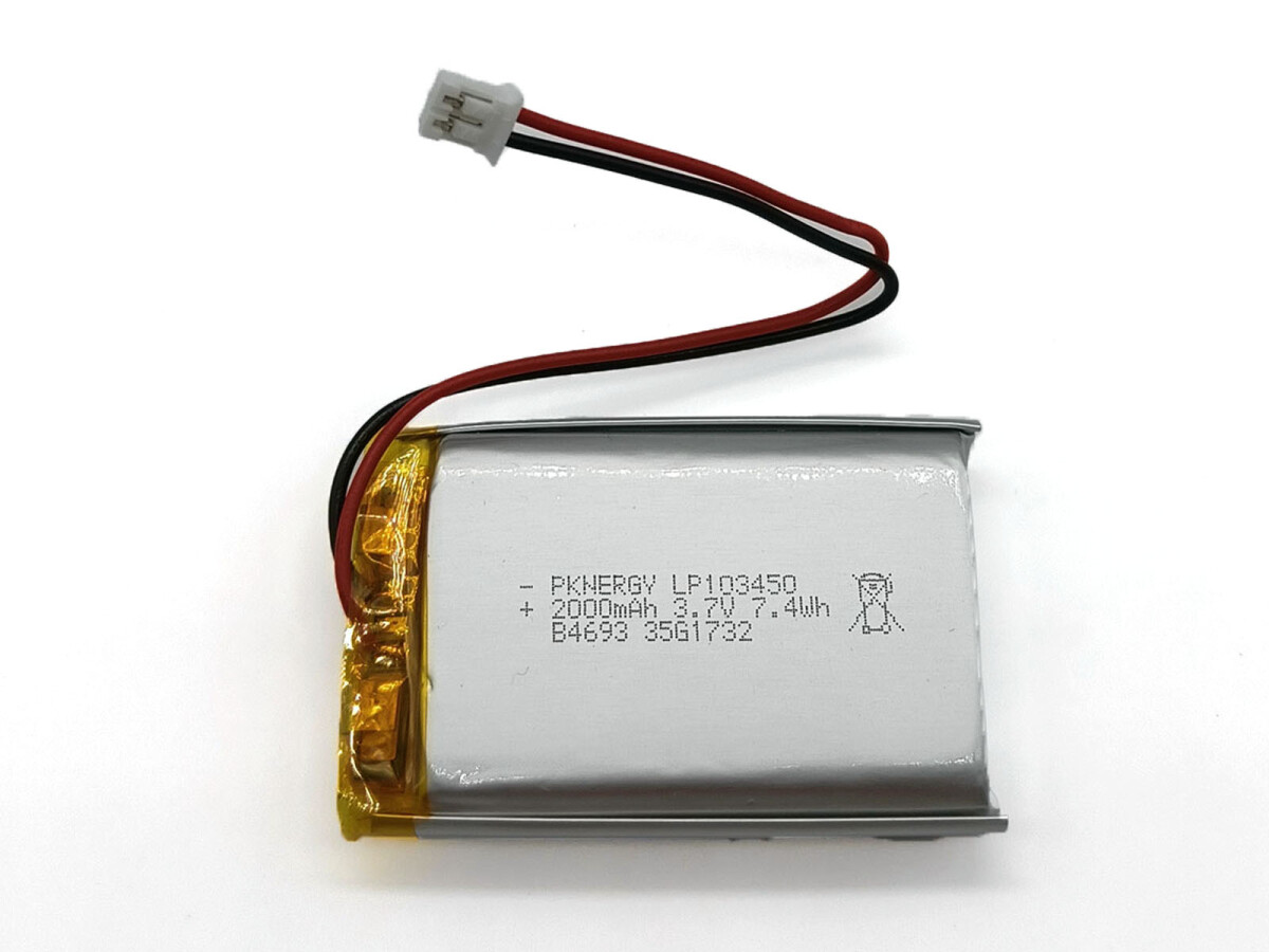 LiPo-Batteri, Lithium-Ion Polymer batteri, 3,7V 2000mAh med JST-PHR-2 stik, LP103450