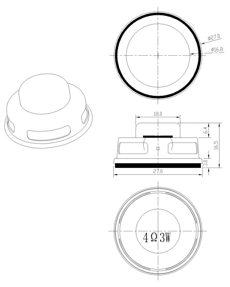 27 mm intern magnetisk 4 Ohm 3W bass multimedie højttaler